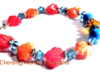 Orange And Turquoise Czech Bracelet Leaf Beads Premium Crystal Beads Silver Adjustable Chain Handmade Jewelry