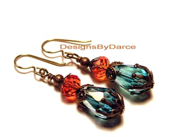 Vintage Turquoise Glass Earrings Orange Crystal Cut Glass Brass Bead Caps Hypoallergenic Ear Wires