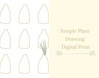 Op de afbeelding: Een digitale print met een eenvoudige lijntekening van een plant in een vaas. De print heeft een lichtbeige achtergrond met de tekst "Simple Plant Drawing Digital Print" in het midden.