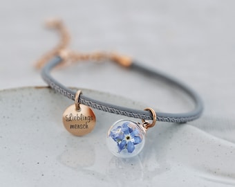 Personalisiertes Lederarmband Gravur - Echte Blumen - Vergissmeinnicht Armband - Rosegold, Gold, Silber -  Geschenk für sie - Muttertag a187