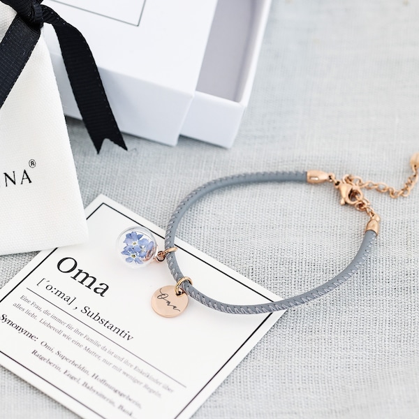 Geschenk für Oma  • Personalisiertes Lederarmband mit Gravur • Vergissmeinnicht Armband • Armband für Mama • Namensarmband LW012