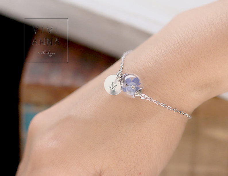 Personalized bracelet with real forget me not, custom , Remember Bridesmaid Gifts Personalized Jewelry Bracelet gift for her A050 image 9