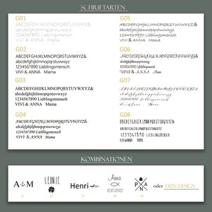 May include: A graphic showing different font styles for a personalized gift. The fonts are labeled G01 through G08. Below the fonts are examples of different combinations of fonts, symbols, and text. The combinations include "A & M", "LEONIE", "Henri", "Anna 12.10.2022", and "PXA".