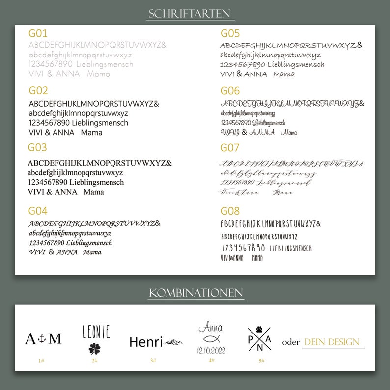 May include: A graphic showing different font styles for a personalized gift. The fonts are labeled G01 through G08. Below the fonts are examples of different combinations of fonts, symbols, and text. The combinations include "A & M", "LEONIE", "Henri", "Anna 12.10.2022", and "PXA".