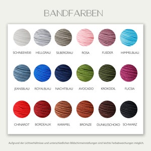 May include: A chart showing different colors of cord, with the German word "BANDFARBEN" at the top. The colors include: snow white, light gray, silver gray, pink, lilac, sky blue, jeans blue, royal blue, navy blue, avocado, crocodile, fuchsia, red, burgundy, caramel, bronze, dark chocolate, and black.