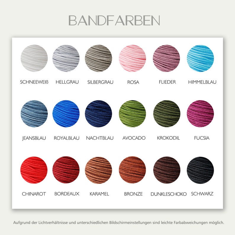 May include: A chart showing different colors of cord, with the German word "BANDFARBEN" at the top. The colors include: snow white, light gray, silver gray, pink, lilac, sky blue, jeans blue, royal blue, navy blue, avocado, crocodile, fuchsia, red, burgundy, caramel, bronze, dark chocolate, and black.