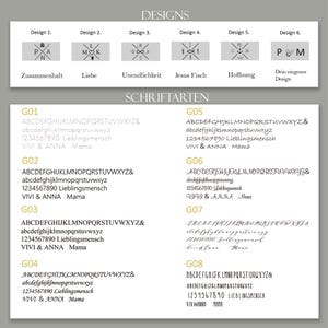 May include: A white background with the word "DESIGNS" in black text at the top.  Below the word "DESIGNS" are six different designs for a personalised necklace.  The designs include a cross, a heart, an infinity symbol, a fish, an anchor, and a bird.  Below the designs are the words "SCHRIFTARTEN" in black text.  Below the words "SCHRIFTARTEN" are eight different font styles with the letters "ABCDEFGHIJKLMNOPQRSTUVWXYZ&" and the numbers "1234567890" in each font style.  Each font style is labelled with a number, such as "G01", "G02", "G03", etc.