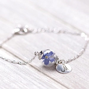 Personalized bracelet with real forget me not, custom , Remember • Bridesmaid Gifts • Personalized Jewelry Bracelet • gift for her • A050