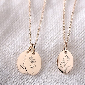 Geboorte bloemenketting Gepersonaliseerde gravure Bloemenketting Ovale plaat Naamketting Cadeau voor haar MK003 afbeelding 3