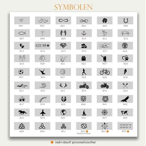 May include: A chart of 54 different symbols, each with a unique design and labelled with a letter and number. The symbols include hearts, crosses, animals, sports, and more. The chart is titled "SYMBOLEN".
