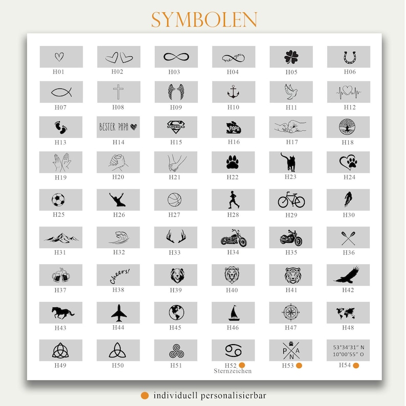 May include: A chart of 54 different symbols, each with a unique design and labelled with a letter and number. The symbols include hearts, crosses, animals, sports, and more. The chart is titled "SYMBOLEN".