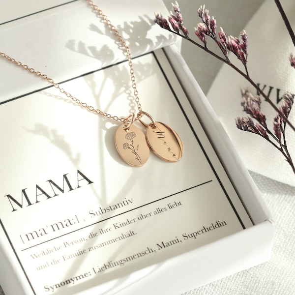 Halskette für Mama • Muttertagsgeschenk • Personalisierte Gravur • Florale Halskette • Ovales Plättchen • Namenskette • Geschenkset • LW006