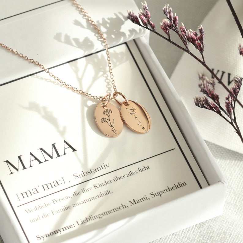 Halskette für Mama Muttertagsgeschenk Personalisierte Gravur Florale Halskette Ovales Plättchen Namenskette Geschenkset LW006 Bild 1