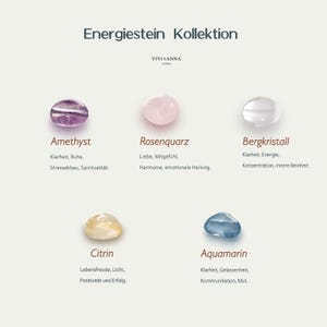 May include: A collection of polished gemstones, including amethyst, rose quartz, rock crystal, citrine, and aquamarine, each with a description of its properties. The text "Energiestein Kollektion" is at the top.