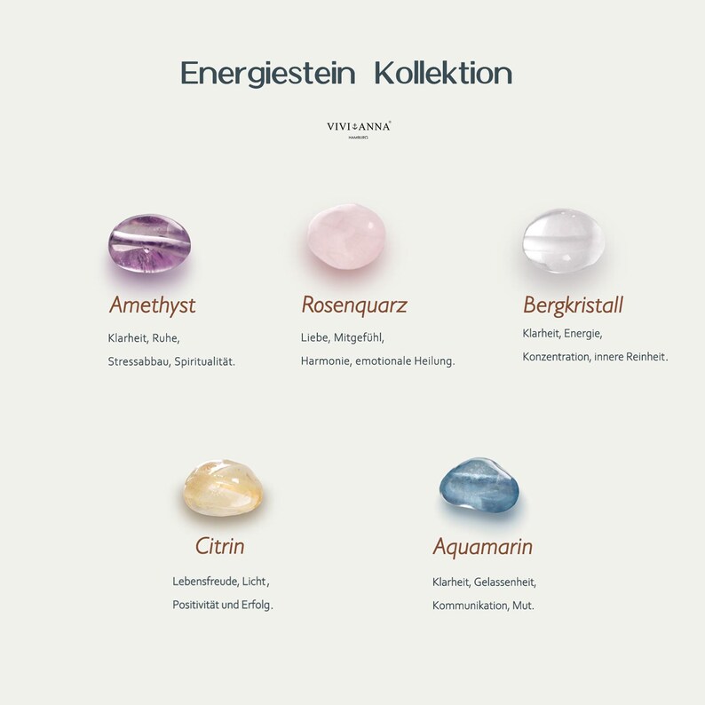 May include: A collection of polished gemstones, including amethyst, rose quartz, rock crystal, citrine, and aquamarine, each with a description of its properties. The text "Energiestein Kollektion" is at the top.
