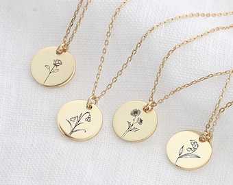 925er Silber Geburtsblumen Kette • Kette mit personalisierter Gravur • Runder Anhänger • Namenskette • Geschenk für sie • GK017*