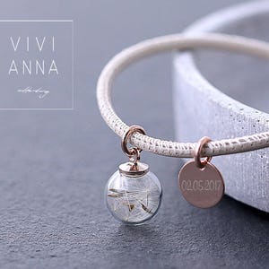 Personalized leather bracelet with engraving - Souvenir gift - Dandelion glass ball - Rose gold, gold, silver - Gift for her - A138
