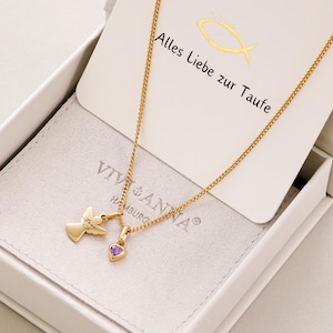 Schutzengel Kette mit Herz Geburtsstein - Geschenk zur Taufe mit Karte - Geschenk für Kinder - Personalisierte Familie Namenskette - LW043