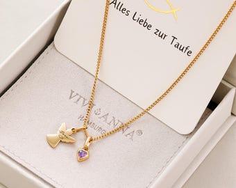 Schutzengel Kette mit Herz Geburtsstein - Geschenk zur Taufe mit Karte - Geschenk für Kinder - Personalisierte Familie Namenskette - LW043