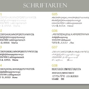 May include: A white sheet displays various font styles, each labeled with a code like "G01" through "G08." Each font sample includes uppercase and lowercase alphabets, numbers, and the words "Lieblingsmensch," "VIVI & ANNA," and "Mama."