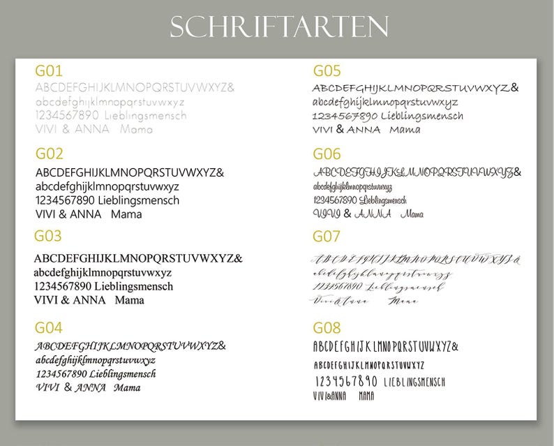 May include: A white sheet displays various font styles, each labeled with a code like "G01" through "G08." Each font sample includes uppercase and lowercase alphabets, numbers, and the words "Lieblingsmensch," "VIVI & ANNA," and "Mama."