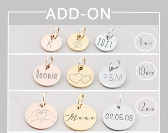 May include: Nine round metal charms with different engravings. The charms are available in three sizes: 8 mm, 10 mm, and 12 mm. The engravings include letters, numbers, hearts, a clover, and the word "Mama".