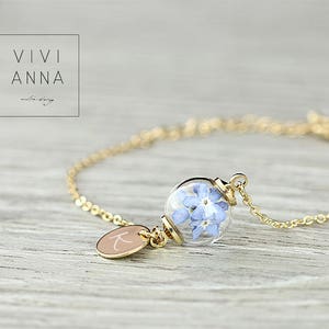 Personalized bracelet with real forget me not, custom , Remember Bridesmaid Gifts Personalized Jewelry Bracelet gift for her A050 Gold  plated