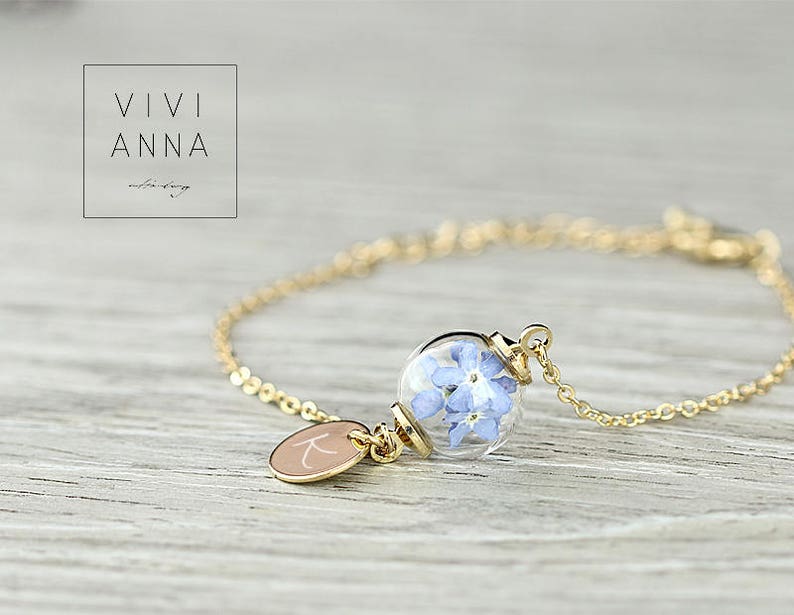 Personalized bracelet with real forget me not, custom , Remember Bridesmaid Gifts Personalized Jewelry Bracelet gift for her A050 Gold  plated