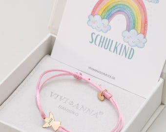 Kinder Armband aus Satin mit Schutzanhänger - Geschenk zur Einschulung mit Karte - Personalisierbares Kinder Armband -  Geschenkidee - LW089