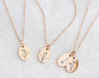 Geboorte bloemenketting • Gepersonaliseerde gravure • Bloemenketting • Ovale plaat • Naamketting • Cadeau voor haar • MK003*