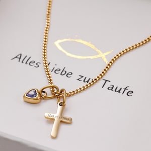 Kreuz Halskette mit Herz Geburtsstein - Geschenk zur Taufe mit Karte - Edelstahl Geschenk für Kinder mit Wunschgravur - LW042