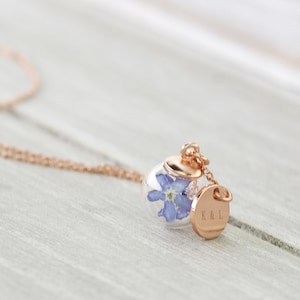 Colar com mini bola em prata de lei 925 e miosótis verdadeiros - Colar com gravação personalizada - Colar personalizado - Presente para mulheres - K455