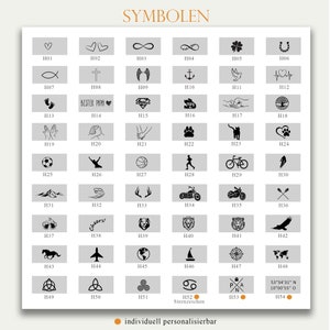May include: A chart of 54 different symbols, each with a unique design and a corresponding code. The symbols include hearts, animals, sports, and other icons. The chart is labeled "SYMBOLEN" at the top.