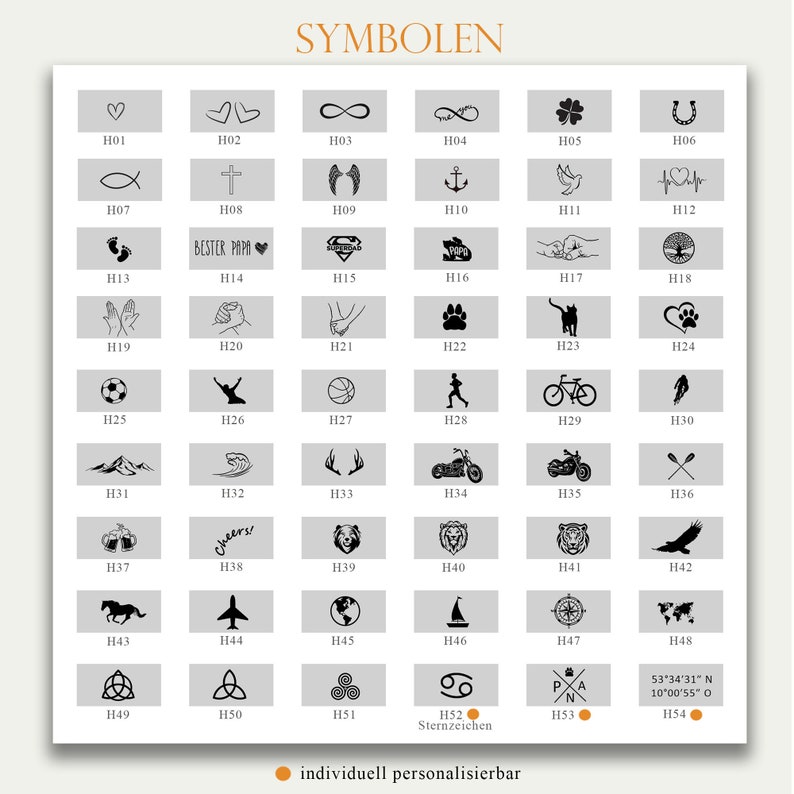 May include: A chart of 54 different symbols, each with a unique design and a corresponding code. The symbols include hearts, animals, sports, and other icons. The chart is labeled "SYMBOLEN" at the top.