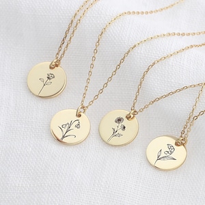925 Silver Birth Flower Necklace - Necklace with Personalized Engraving - Round Pendant - Name Necklace - Gift for Her - GK017