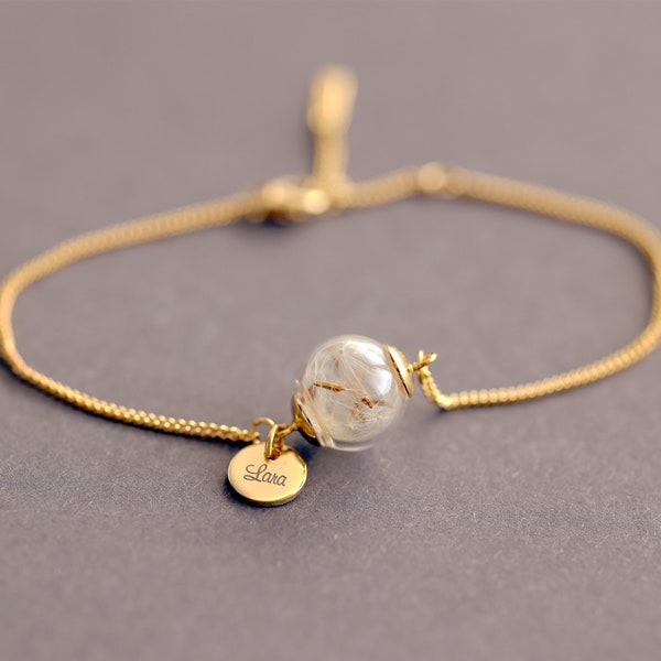 Personalisiertes Armband - Echte Pusteblumen Armband mit Wunschgravur- 925er Sterling Silber- roségold, gold, silber - Geschenk für sie A052