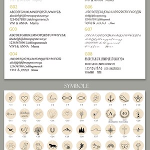 Op de afbeelding: Een grafiek met verschillende lettertypen en een raster met 50 ronde pictogrammen. De grafiek is getiteld "Schriftarten" en het raster is getiteld "Symbole". De pictogrammen omvatten een hart, een oneindigheidssymbool, een vis, een klavertjevier, een anker, een vleugel, een hand die een hart vasthoudt, een boom, een hoefijzer, een berg, een golf, een kompas, een kruis, een hartslag, een poot, een vogel, een boom, een paard, een bij, een fee, een eenhoorn, een regenboog, een vlinder, een paddenstoel, een ster, een zon, een papieren vliegtuig, een papieren boot, een zon, een lotusbloem, een vogel, een voetafdruk, een meisje en een meisje.