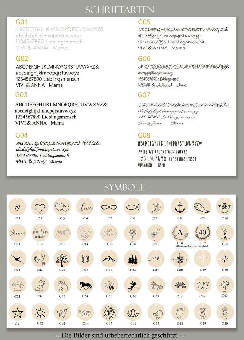Op de afbeelding: Een grafiek met verschillende lettertypen en een raster met 50 ronde pictogrammen. De grafiek is getiteld "Schriftarten" en het raster is getiteld "Symbole". De pictogrammen omvatten een hart, een oneindigheidssymbool, een vis, een klavertjevier, een anker, een vleugel, een hand die een hart vasthoudt, een boom, een hoefijzer, een berg, een golf, een kompas, een kruis, een hartslag, een poot, een vogel, een boom, een paard, een bij, een fee, een eenhoorn, een regenboog, een vlinder, een paddenstoel, een ster, een zon, een papieren vliegtuig, een papieren boot, een zon, een lotusbloem, een vogel, een voetafdruk, een meisje en een meisje.
