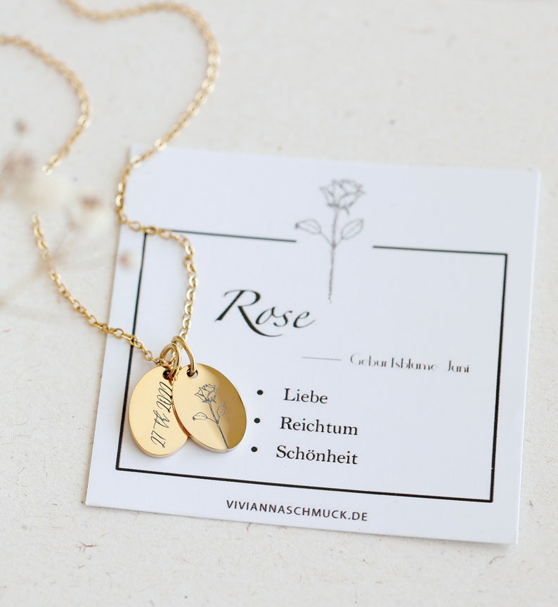 Geboorte bloemenketting Gepersonaliseerde gravure Bloemenketting Ovale plaat Naamketting Cadeau voor haar MK003 afbeelding 4