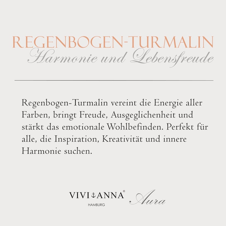 May include: Rainbow Tourmaline, a gemstone known for its vibrant colours and healing properties. The text reads "Regenbogen-Turmalin Harmonie und Lebensfreude" which translates to "Rainbow Tourmaline Harmony and Joy of Life".