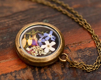 Collar de medallón de flor real, collares de medallón vintage, regalo para ellos, joyería de flores reales, hecho a mano k269