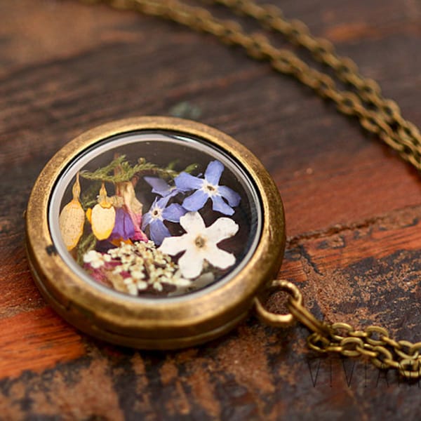 Echte Blüten Medaillon Kette, Vintage Medallion Halsketten, Geschenk für sie, Echte blüten schmuck, Handgemacht  k269