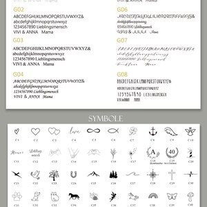 May include: A chart with different font styles and symbols. The chart is labeled "Schriftarten" and "Symbole". The font styles are labeled G01 through G08. The symbols are labeled C1 through C50.