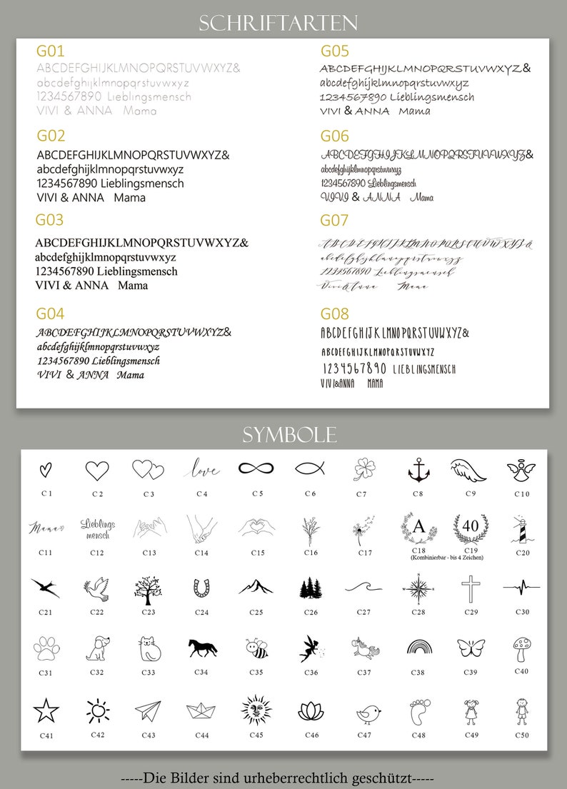 May include: A chart with different font styles and symbols. The chart is labeled "Schriftarten" and "Symbole". The font styles are labeled G01 through G08. The symbols are labeled C1 through C50.