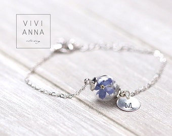 Personalized bracelet with real forget me not, custom , Remember • Bridesmaid Gifts • Personalized Jewelry Bracelet • gift for her • A050