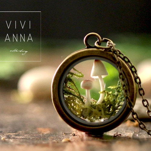 100% Handmade Mushroom Necklace | Wonderland I- Miniature Terrarium-| gift for her | K391