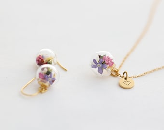 Personalisiertes Schmuckset mit echten Blumen - 925er Sterling Silber- silber gold roségold - Geschenk für sie  - set022