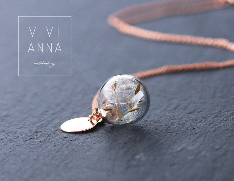 Simple fancy necklace with personalized disc Silver/Gold/Rosegold real dandelions gift for her handmade K482 image 2