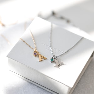 Colar italiano com pedra de nascimento feita de aço inoxidável e zircônia - colar de letras - colar personalizado - colar de família - colar de nome - KE005