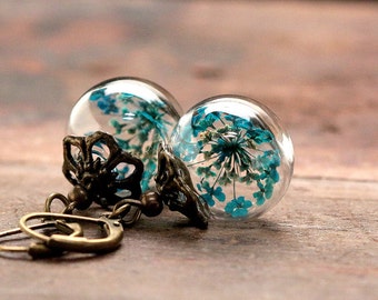 Earrings with turquoise colored dill flowers queen annes lace gift for her- E174